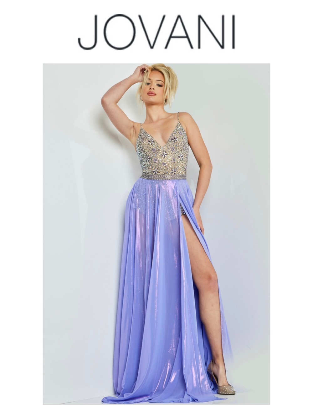 JOVANI Silver Lilac Embellished Chiffon Dress